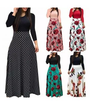 Sexy Bohemia High Quality Wholesale Custom Logo Strips Floral Printed Church Women Lady Casual Wear Elegant Long Sleeve Dress