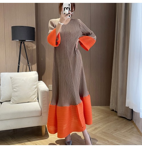 Miyake Pleated Women's dress Stretch plus size ruffle Long sleeve Vintage casual long Maxi dresses for women