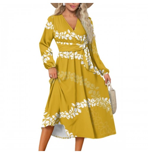 Custom Hawaiian Tropical Style Casual Women's Dresses Long Sleeve Puakenikeni Dress