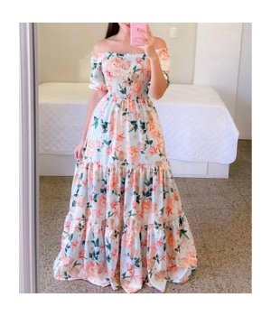 2023 Summer Europe Women Short Sleeve Off Shoulder Sexy Floral Dress Butterfly Printed Causal Loose Plus Size Lady Long Dress