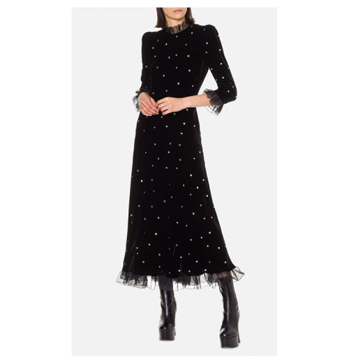 Customized High Quality Black Mid Half Sleeve Diamante Dress Lace Ruffle Velvet Women Maxi Dress