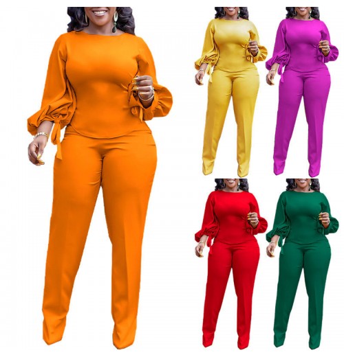 Fall women's clothing Office lady suit solid color long sleeve waist two-piece pants set