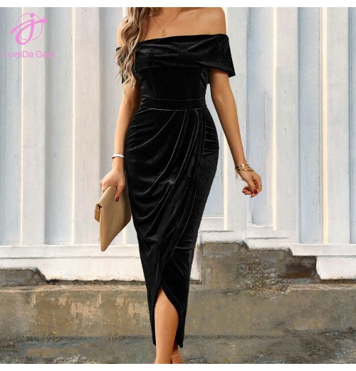 Loveda Women Autumn Winter Warm Solid Color Casual Velvet One Shoulder Bandeau Maxi Dress