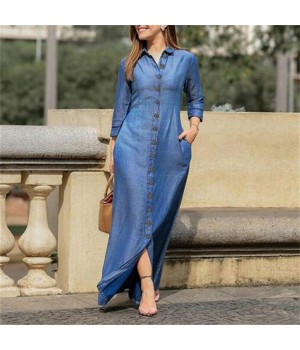 Autumn Women Clothing Shirts Dress Vintage Wash Long Sleeve Denim Women's Button Design Temperament Dress