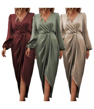 Plus Size Women's Clothing Long Lantern Sleeve Office Work Satin Dress Crossneck Pleated Split Evening Dresses