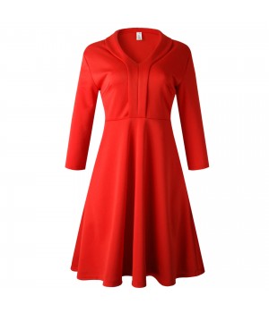 Women's clothing S-XXXL Autumn Women V Neck elegant Red dresses Women's Ladies Fashion Solid Color A Line Dress