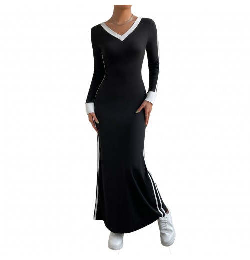 Hot Sale Custom Women's Contrast Trim V Neck Dress Fashion Slim Fit Long Sleeve Sporty Maxi Dress