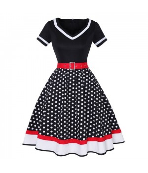 Polka Dot Print Retro Vintage Dress Rockabilly 4XL Fat Women's Clothing V-Neck Belt A-Lined Pin Up 50s Midi Dress