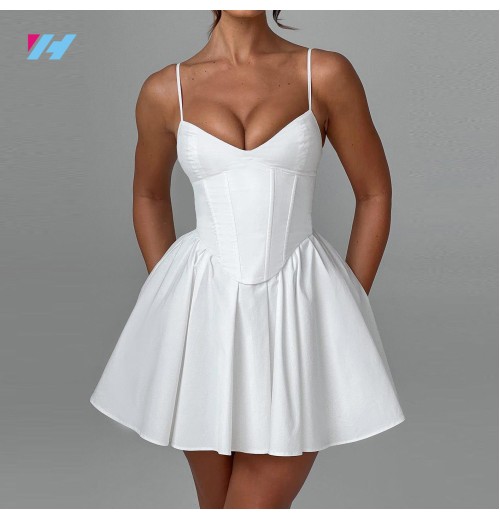 Custom Casual High Quality Fashion A Line Slip Luxury Sexy Ladies Women Summer Short White Corset Pleated Mini Dress