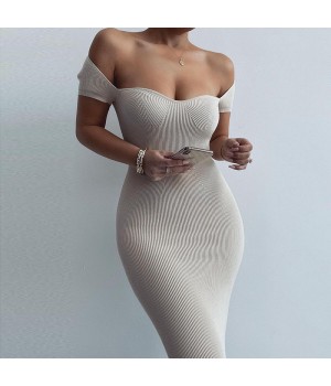 2024 Spring Hot selling Women's Wear New One Line Collar Ribbed Long Slim Fit Dress