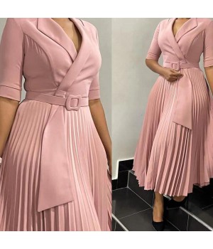 2024 European American New Fashion Style Solid Color Seven Quarter Sleeve Pleated Waist Plus Plus Size Women's Dress