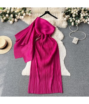 Women's Pleated One-shoulder Dress Single Side Sleeve Waist Slimming Hip Dress Autumn Female Long Dress