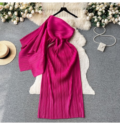 Women's Pleated One-shoulder Dress Single Side Sleeve Waist Slimming Hip Dress Autumn Female Long Dress