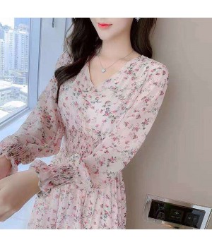 MOTE-AC208 Wholesale Spring Dress Long Sleeve High Waist Korean V-Neck Sweet Skirt Floral Chiffon Dress for Women and Girls