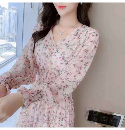 MOTE-AC208 Wholesale Spring Dress Long Sleeve High Waist Korean V-Neck Sweet Skirt Floral Chiffon Dress for Women and Girls