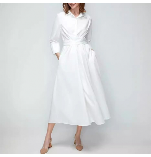 Islamic Dress Plus-size women's Belt Slimming Lapel Seven-point Sleeve Commuter Solid Color Dress