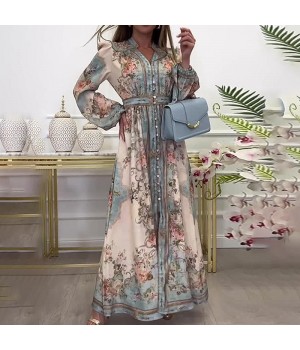 European American High-end Elegant women's Design Sense V-neck Lantern Sleeve Waist Buckle Slim-fit Printed Maxi Dress