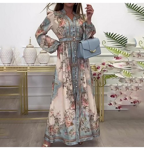 European American High-end Elegant women's Design Sense V-neck Lantern Sleeve Waist Buckle Slim-fit Printed Maxi Dress