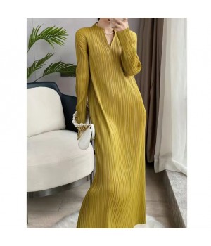 Miyake Pleated Fast Delivery Solid Color V-Neck Elegant Casual Loose Plus Size Dress For Women Sexy Style For Summer