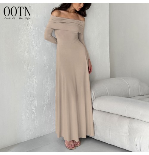 OOTN Women Autumn Casual Dresses Strapless Long Sleeve Waisted Long Dresses Office Women Khaki Maxi Dresses