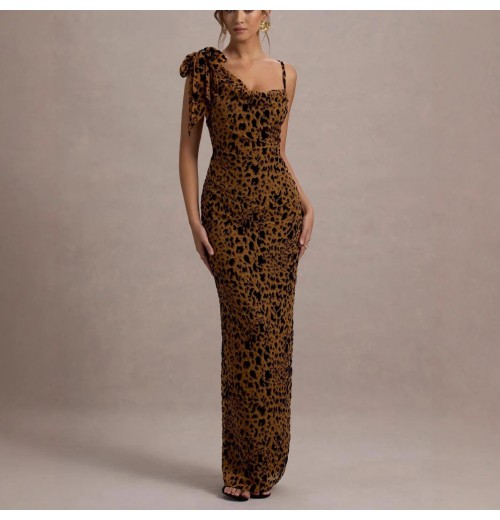 Women's Vintage Sexy Floral Leopard Print Maxi Dress XS Size Crawl Neck Backless Evening Dress with High Slit for Summer