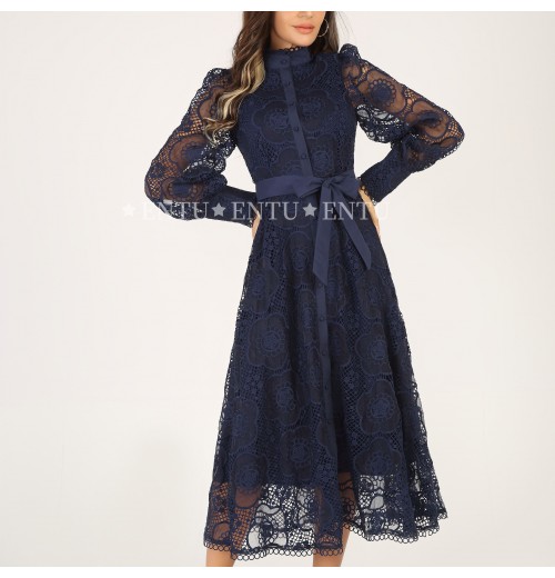 Elegant Fashion Lace Evening Party Dress Women Single Breasted Placket Sleeved Casual Career Dresses With Belt