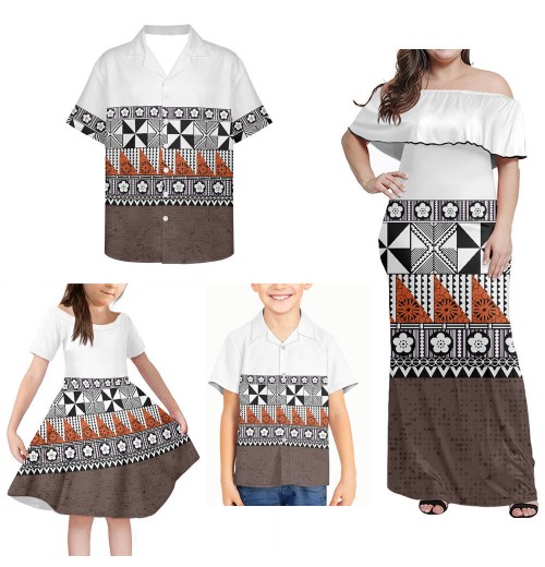 Polynesian Tribal Pattern Family Set 4pcs Hibiscus Women Bodycon Dress Summer Beach Men And Boys Shirt Gril Dress