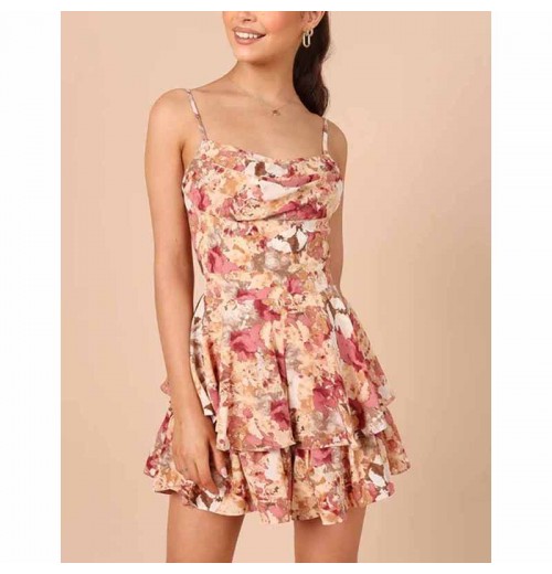 wholesale women dress 2023 floral casual sexy dress backless slip ruffle dress