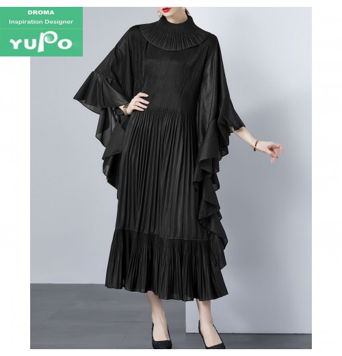 Droma 2024 fashion elegant bat long sleeve ruffle hem solid color women's clothing plus size dresses