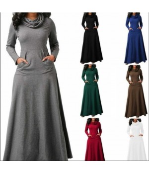 Autumn and Winter Clothing Women Dresses Stacked Collar Long Sleeves Maxi Dress With Pocket