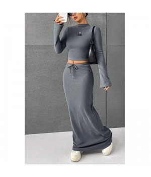 F230699 Custom Women Fall Winter Fashion Clothes Two Piece O-neck Sexy Long-sleeved Crop Top Shirt And Long Maxi Skirt Dress Set