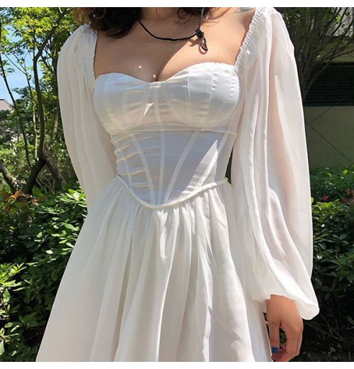 New cross-border women's lantern sleeves OL temperament Slim sexy chiffon pure white dresses