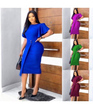 Women Short Sleeve O Neck Solid Bodycon Midi Dress Spring New Simple Ruffles Package Hip Dresses Elegant Stretchy Vestidos 2158