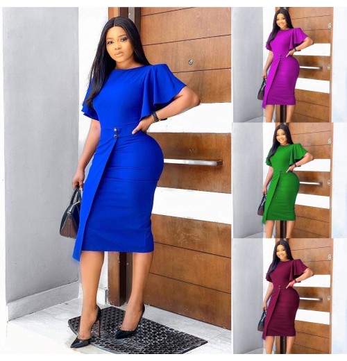 Women Short Sleeve O Neck Solid Bodycon Midi Dress Spring New Simple Ruffles Package Hip Dresses Elegant Stretchy Vestidos 2158