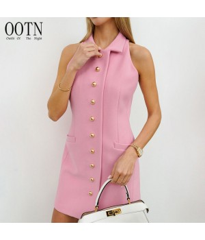 OOTN Women's Pink Elegant Dresses Lapel Single Breasted Slim Sleeveless Dresses Office Lady Summer Waist Dresses