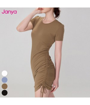 Casual Women Workout Wear Side Drawstring Adjustable Waistband Crew Neck Sports Dresses Short Sleeve Fitness Yoga Tennis Dress