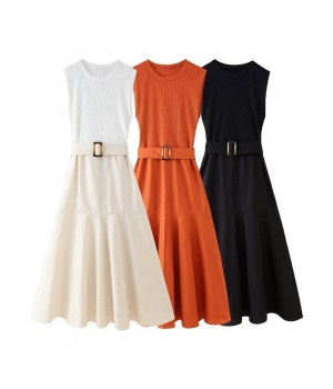 Women 2024 Summer New Fashion Dress With Belt Stitching Vintage Backless Elastic Wide Straps Female Dresses