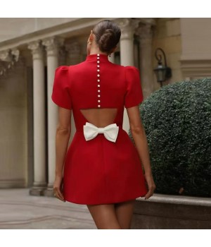 Designer Fashion Mini Dress Women Stand Collar Short Sleeve Red Black Bow Back Hollow Out Slim Casual Sexy Party