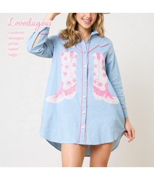 Lovedagear Custom Private Label Sequin Cowboy Boots Button Down Shirt Dress For Women