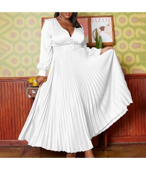 Plus Size Women's Clothing 2024 New V-neck Fashion Temperament Pure Color Pleated Dress Dress