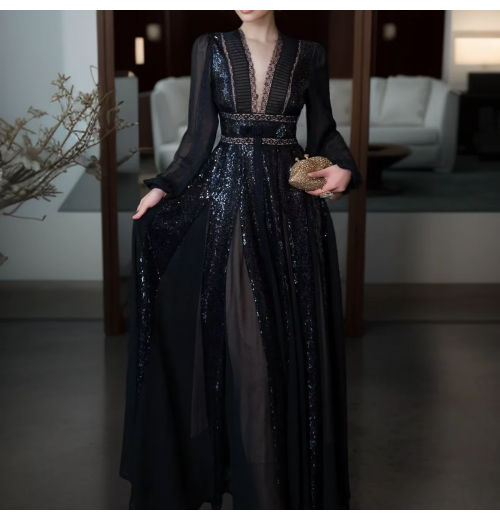 Elegant Black Long Dress Summer Spring New Fashion Design Women Runway High Street Lace V-Neck Sequined Spliced Party