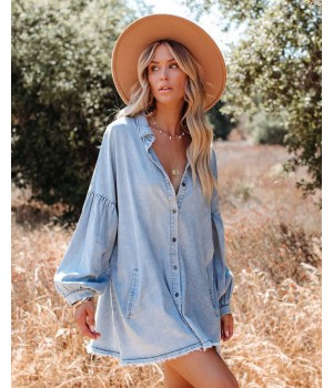 New Trendy Autumn Women Long Sleeved Casual Loose Light Denim Dress With Button Pocket Sexy Lantern Sleeve Raw Edge Denim Shirt