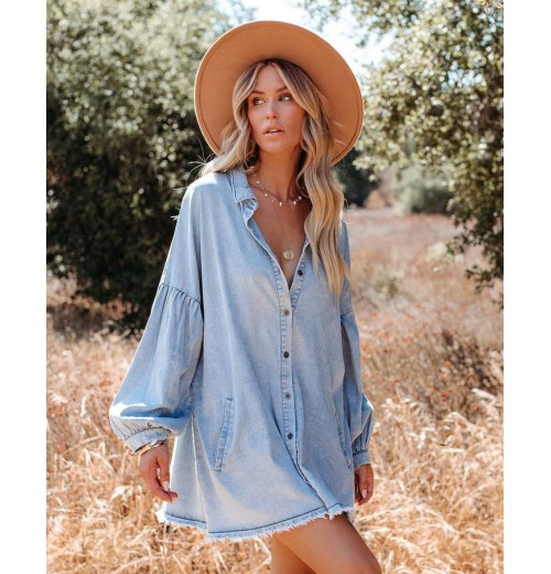 New Trendy Autumn Women Long Sleeved Casual Loose Light Denim Dress With Button Pocket Sexy Lantern Sleeve Raw Edge Denim Shirt