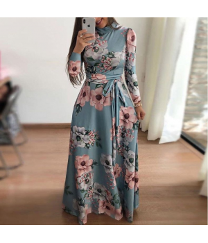 Women's Casual Maxi Floral Dress O-Neck Long Sleeves Button Closure Lightweight Printed Fabric Empire Breathable Day XS