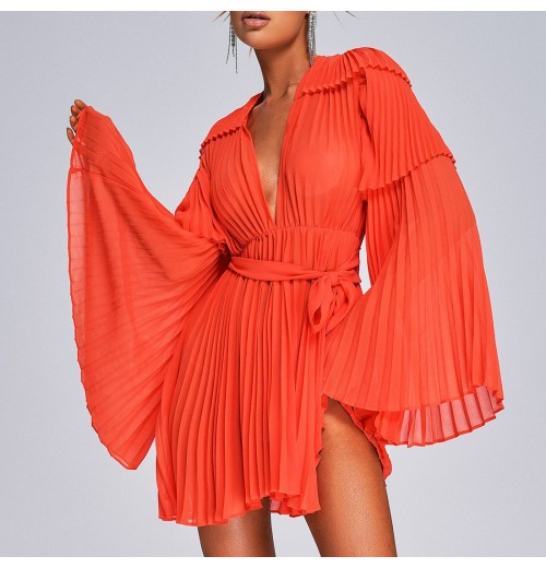 BEISHI Women Long Sleeve Orange Loose Mini Pleated Chiffon Casual Dress Women Clothing