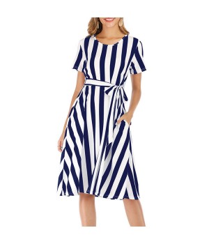 Factory Direct Sale Latest Design women's Striped Retro Round Neck Short Sleeve Casual Dress Classic Dress Elegant