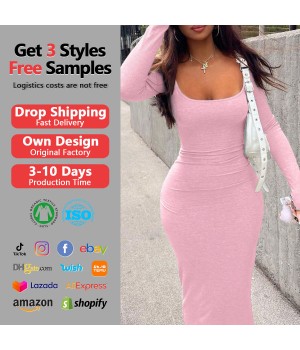 Women Elegant Bodycon Dress Long Sleeve Club Maxi Vestido Club Women Fashion Solid Color Small Pit Dress