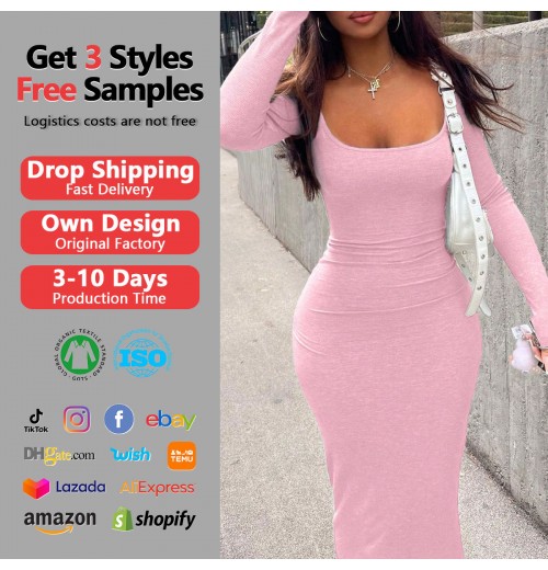 Women Elegant Bodycon Dress Long Sleeve Club Maxi Vestido Club Women Fashion Solid Color Small Pit Dress