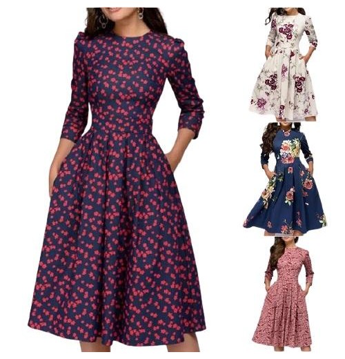 Fashion Women A-line Dress Party Retro Floral Seven Quarter Sleeves Round Neck Dress