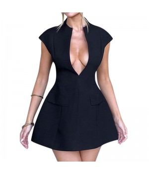 New Arrival Women's Elegant A-Line Mini Dress V-Neck Short Sleeves Summer Dresses Fashion Party Sexy Solid Dress